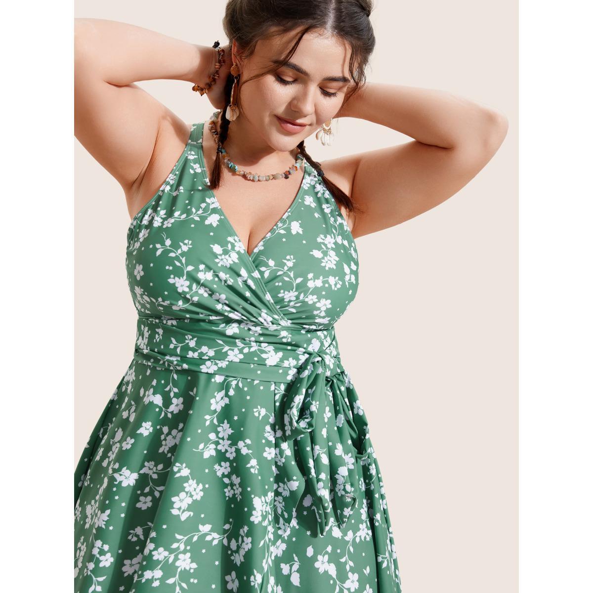 Plus Size Ditsy Floral Overlap Collar Tie Knot Swim Dress Women's Swimwear Palemauve Beach Bodycon Overlap Collar High stretch Curve Swim Dresses BloomChic 18-20/2X Product Image