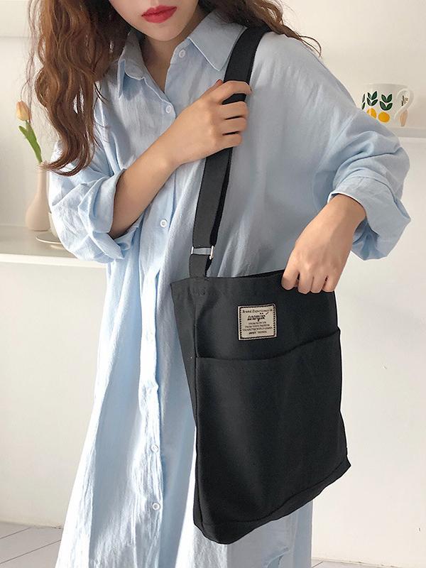 Simple Solid Color With-pockets Canvas Handbag Product Image