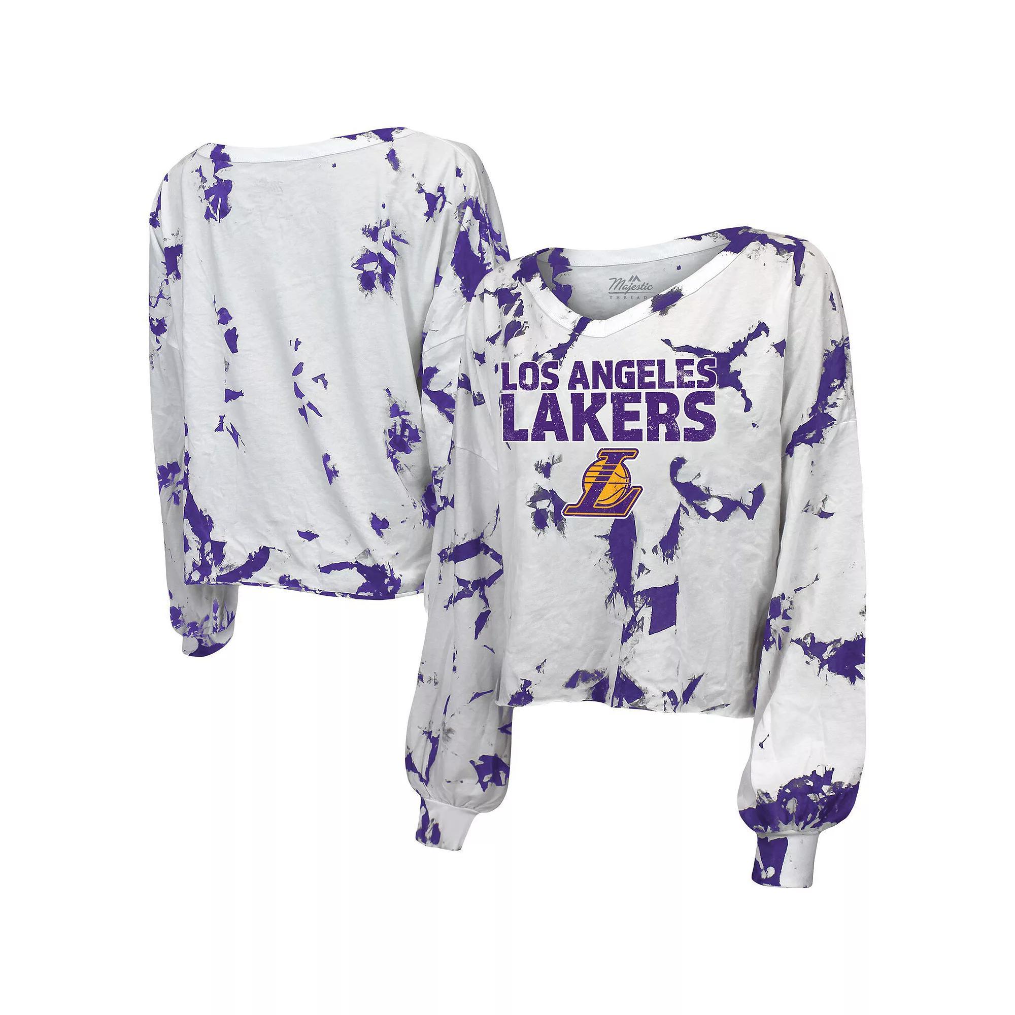 Women's Majestic Threads White Los Angeles Lakers Aquarius Tie-Dye Cropped V-Neck Long Sleeve T-Shirt, Size: Small Product Image