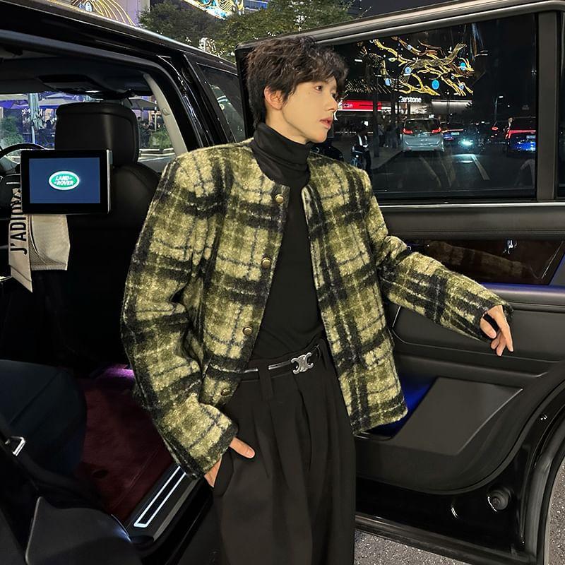 U-Neck Plaid Button-Up Jacket Product Image