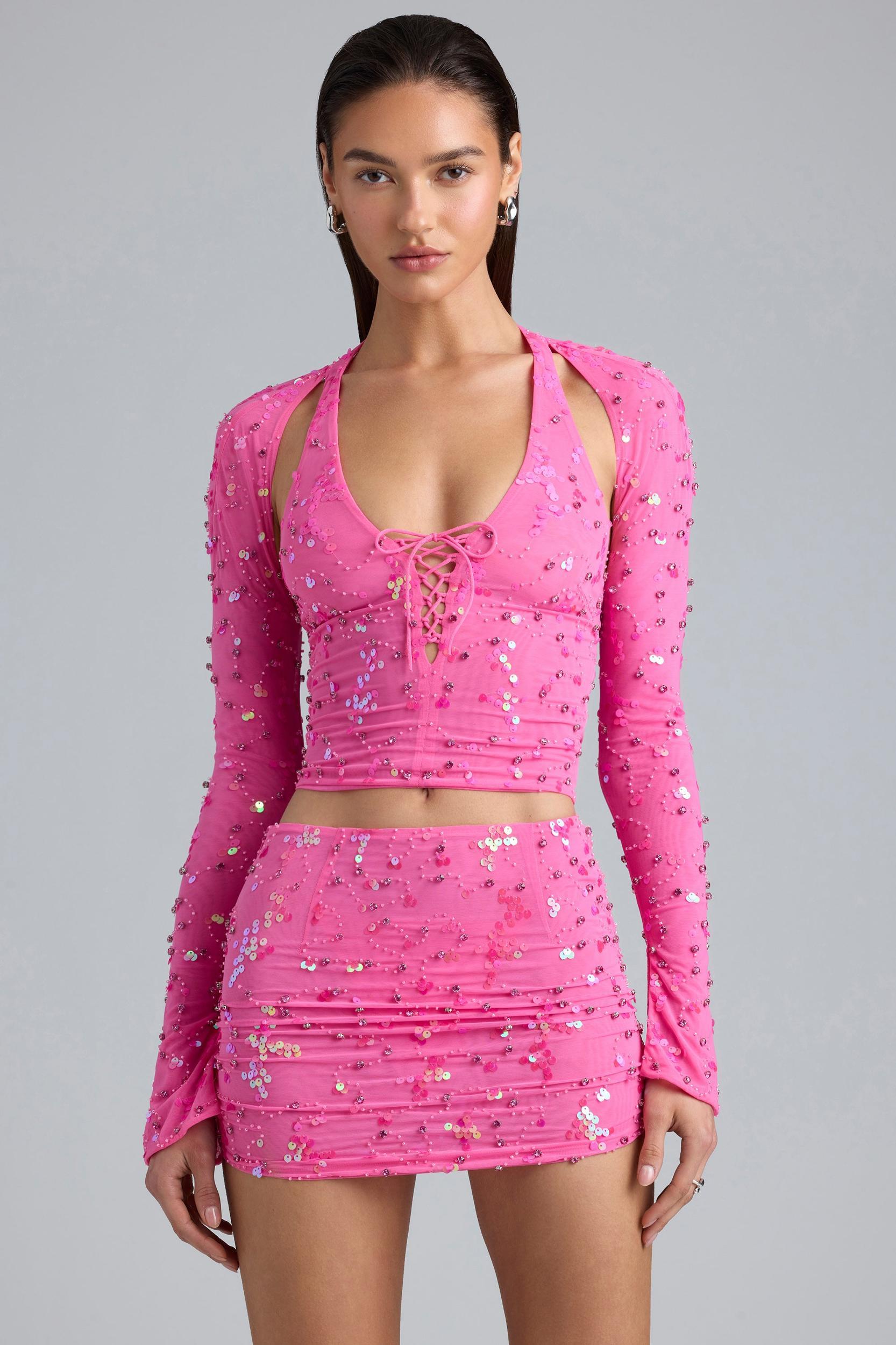 Embellished Cut-Out Halterneck Top in Bubblegum Pink Product Image