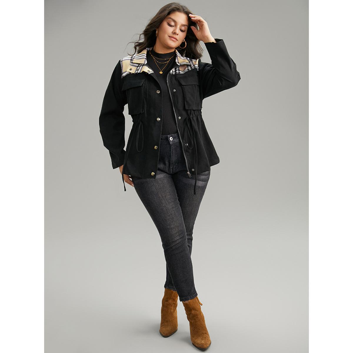 Plus Size Plaid Patchwork Drawstring Zipper Fly Flap Pocket Coat Women Black Casual Contrast Ladies Everyday Winter Coats BloomChic 30/6X Product Image