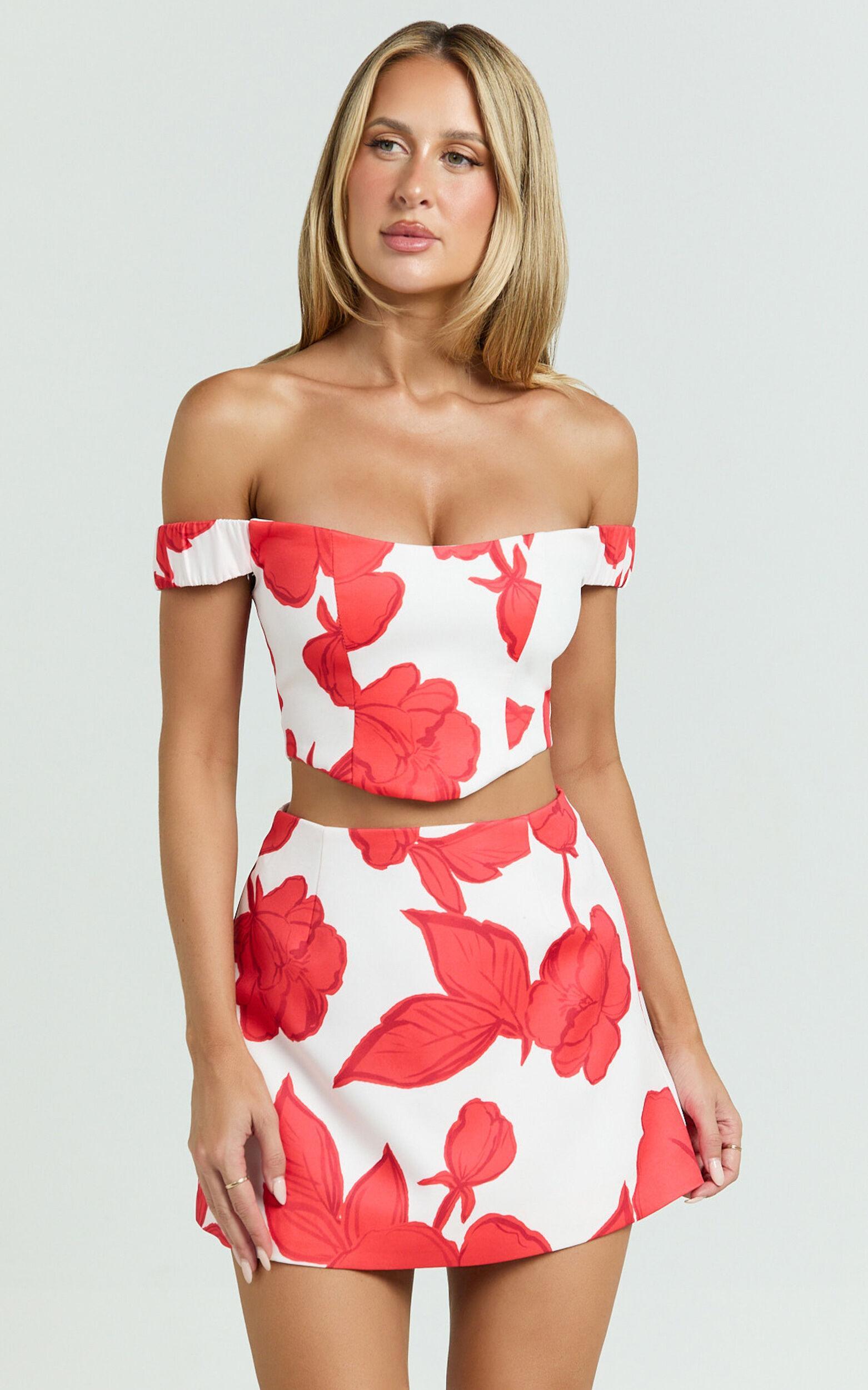 Darcy Top - Off Shoulder Printed Corset Top in Bouquet Di Fiori Product Image