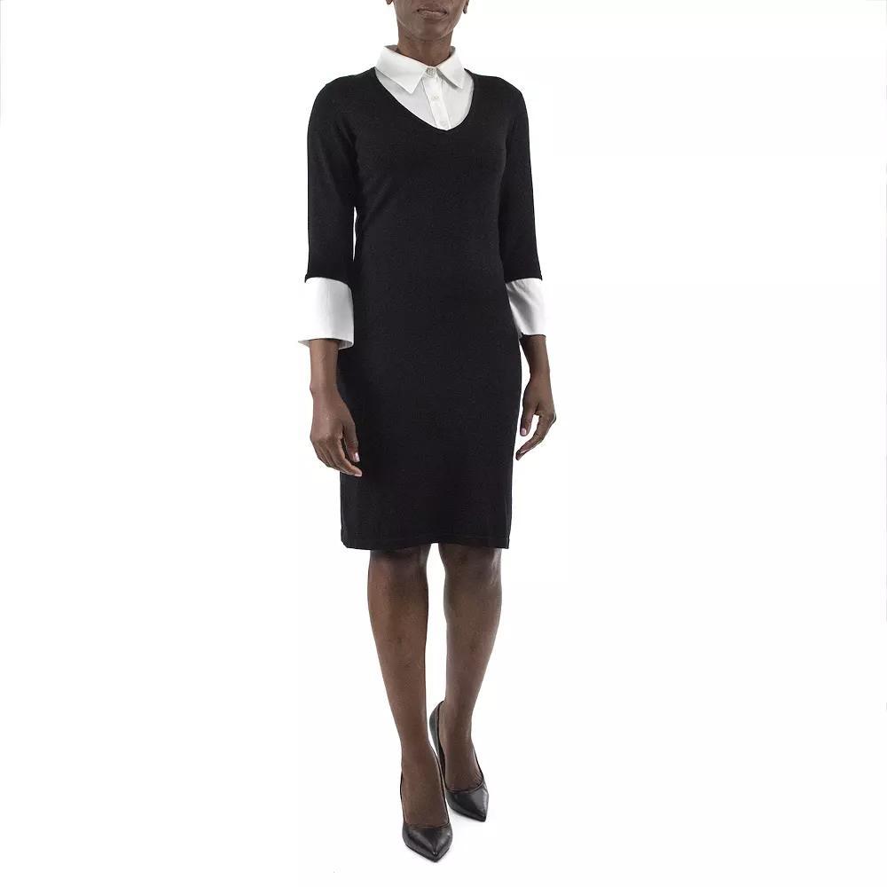 Women's Nina Leonard Georgette Mock-Layer Sweater Dress, Size: Large, Black Black Product Image