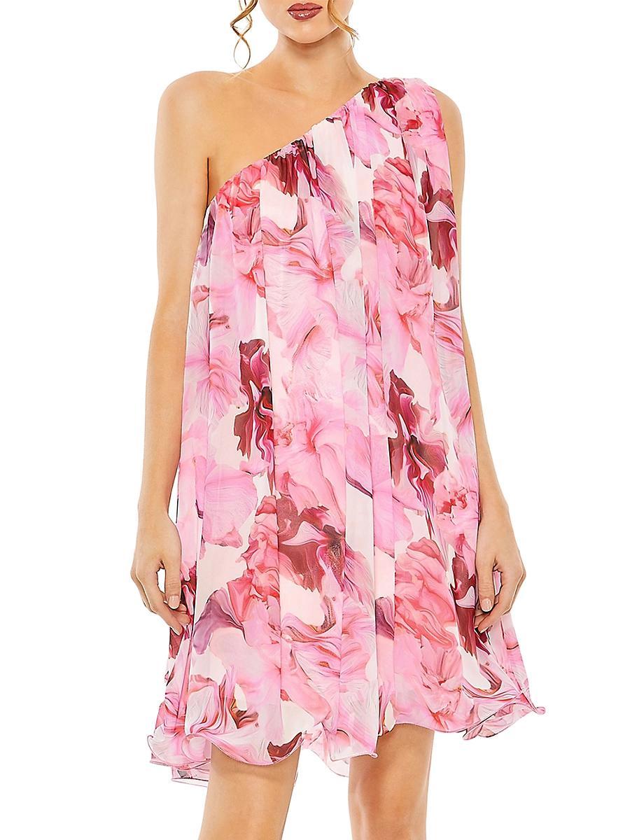 Mac Duggal Floral Print One Shoulder Sleeveless Flowy Shift Dress Product Image