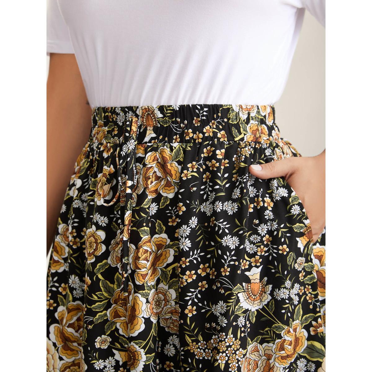 Plus Size Boho Floral Print Drawstring Maxi Dress Women BlackFlower Resort Drawstring Bodycon Low stretch Slanted pocket Vacation Skirts BloomChic 14-16/1X Product Image