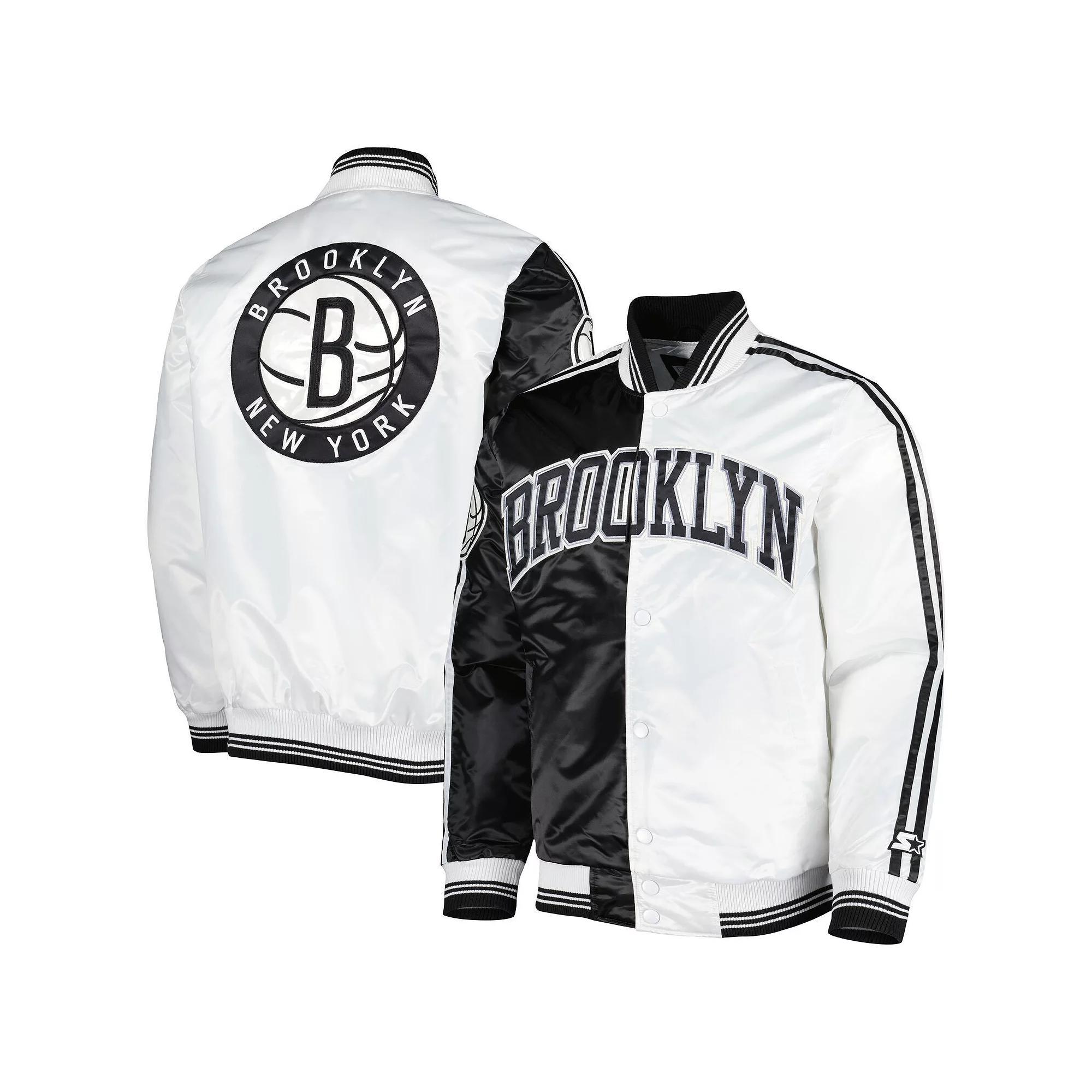 Men's Starter Black/White Brooklyn Nets Fast Break Satin Full-Snap Jacket, Size: XL Product Image