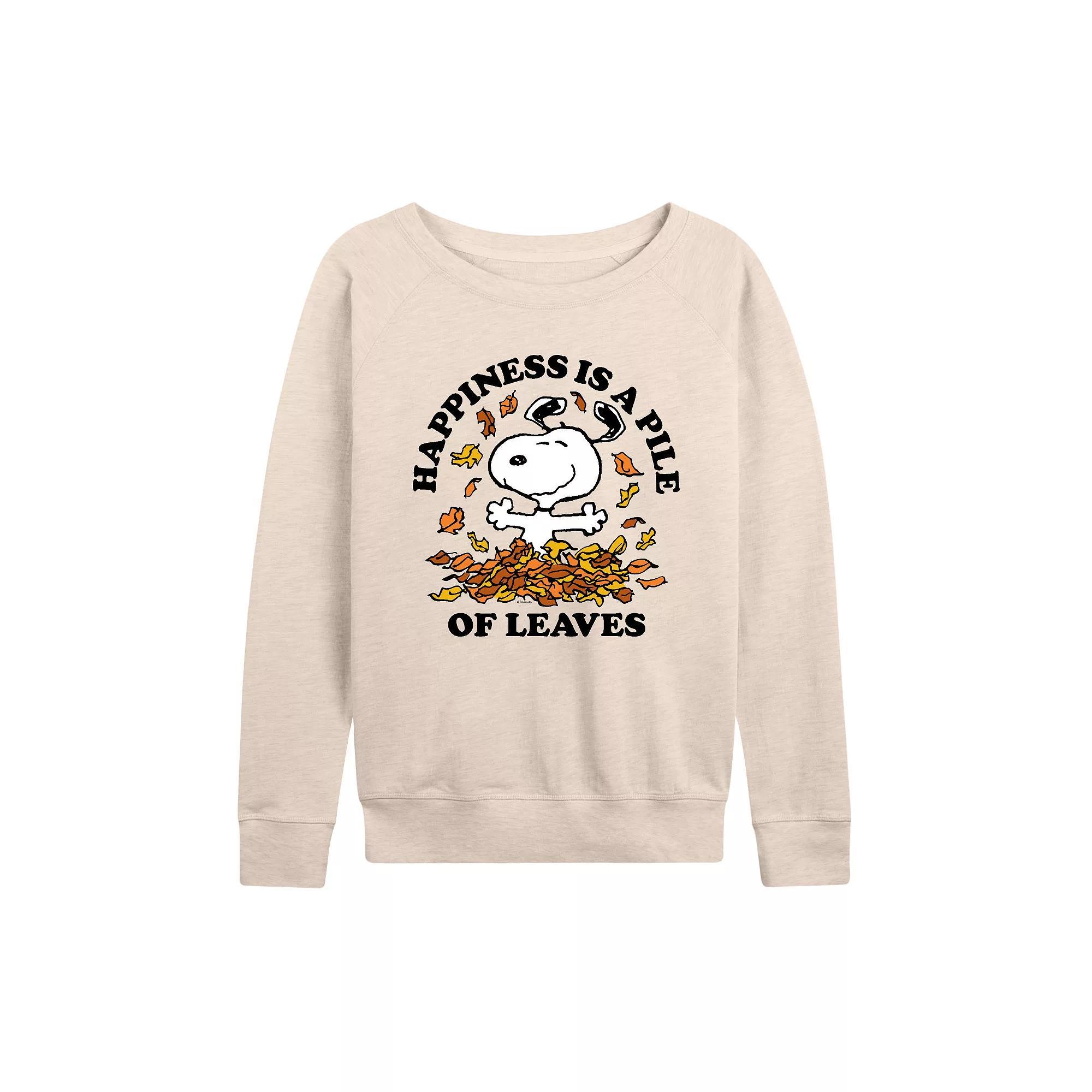 Women's Peanuts Snoopy Pile Of Leaves French Terry Long Sleeve Tee, Size: Medium, Beige Product Image