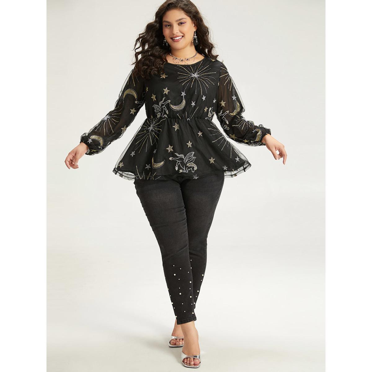 Plus Size Black Halloween Star Elastic Waist Mesh Patchwork Lantern Sleeve Blouses Women Elegant Long Sleeve Round Neck Festival-Halloween Blouses BloomChic 22-24/3X Product Image
