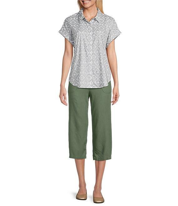Allison Daley Petite Size Natural Ikat Print Short Sleeve Criss-Cross Keyhole Neck Short Sleeve Jersey Knit Top Product Image