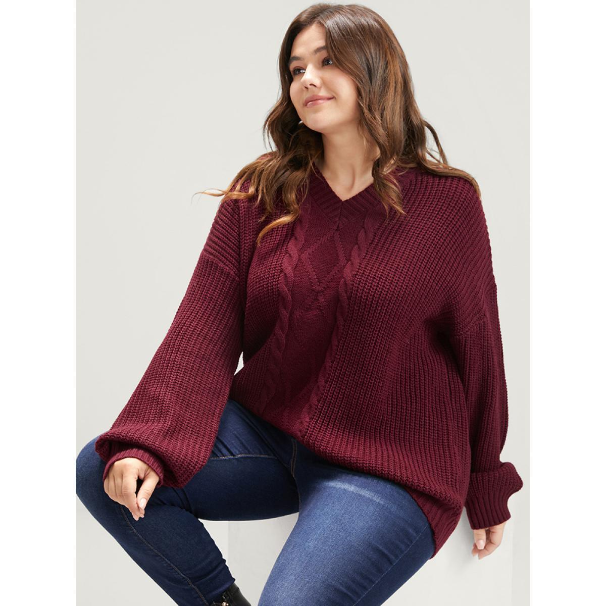 Plus Size Solid Pointelle Knit V Neck Loose Geometric Cable Knit Top Rust Women Elegant Loose Long Sleeve Dailywear Pullovers BloomChic 12/L Product Image