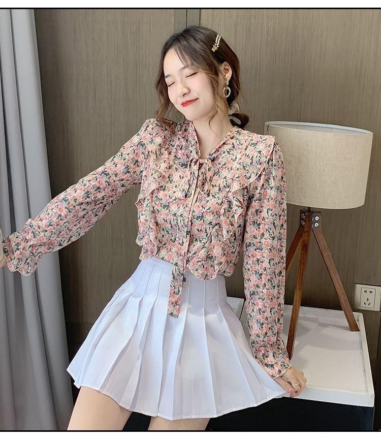 Long-Sleeve Tie-Neck Floral Print Ruffle Trim Blouse Product Image