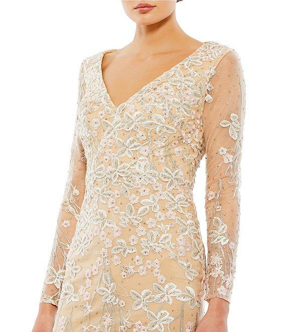 Mac Duggal V-Neck Illusion Long Sleeves Embroidered Mesh Trumpet Gown Product Image