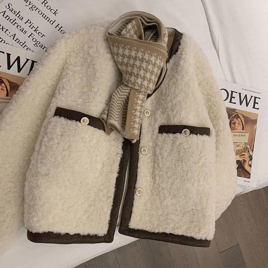 Round Neck Contrast Trim Fleece Button Jacket Product Image
