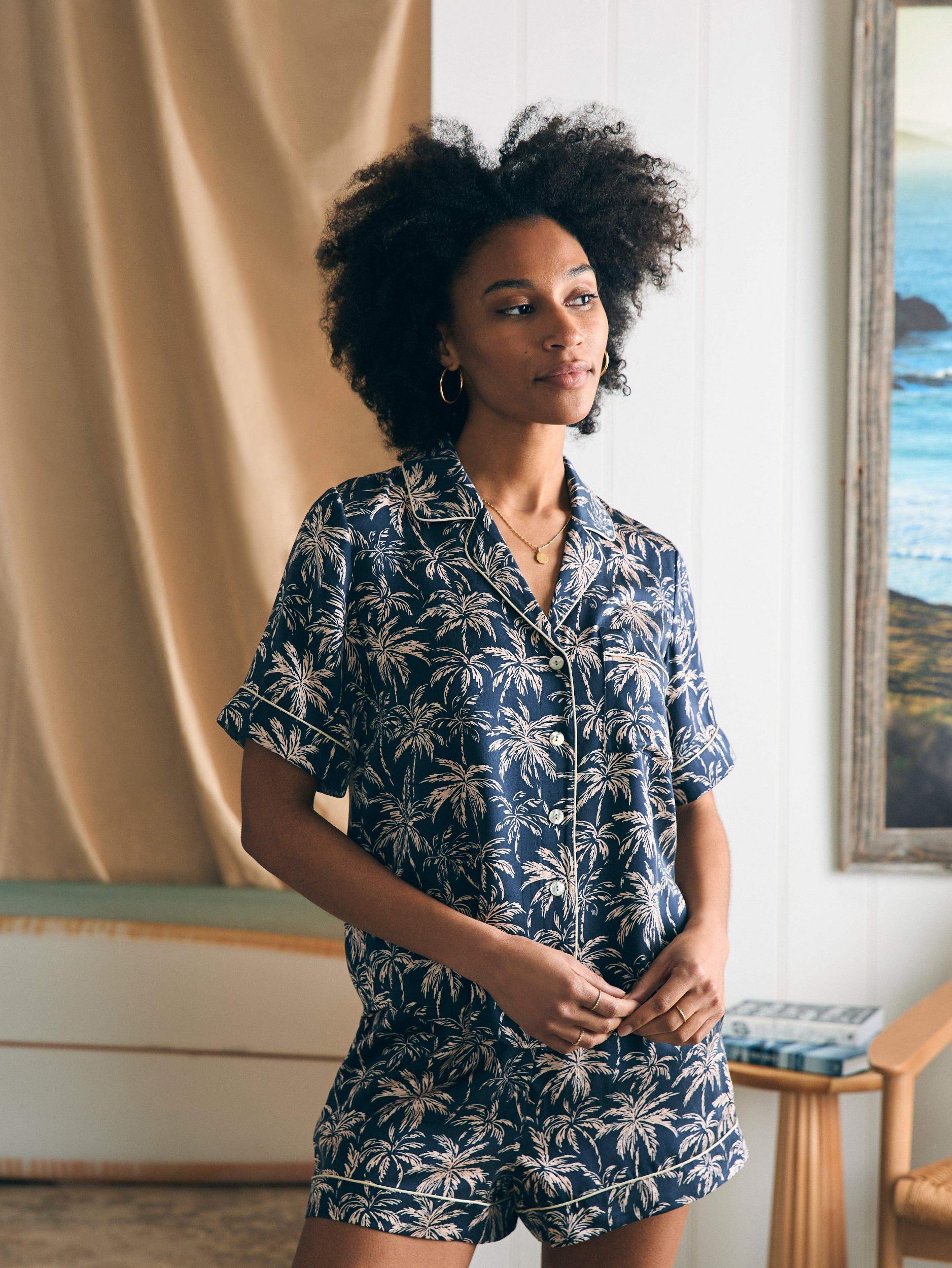 Sandwashed Silk Short Sleeve Pajama Set - Navy Tropic Trees Female Product Image