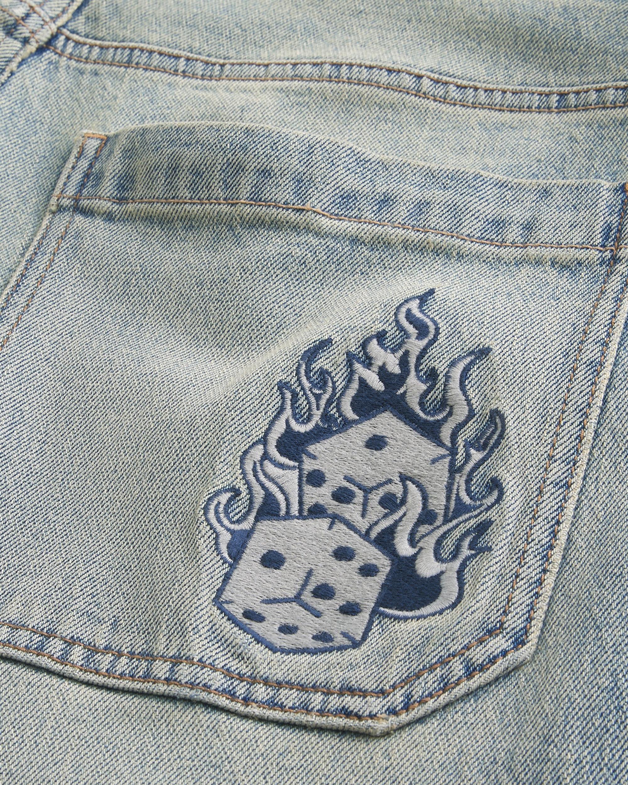 Light Wash Embroidered Dice Baggy Skater Jeans Product Image