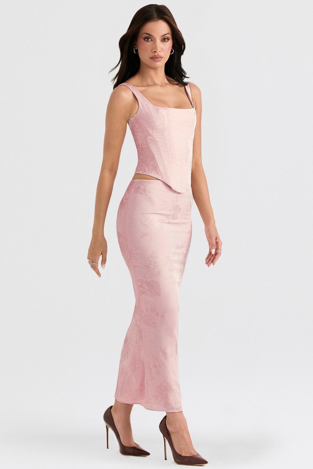 Luisette  pink metallic floral satin midi skirt - sale Product Image