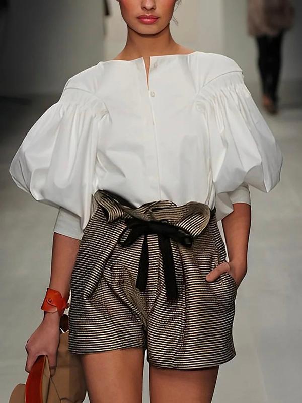 Puff Sleeves Buttoned Solid Color Blouses&Shirts Tops Product Image