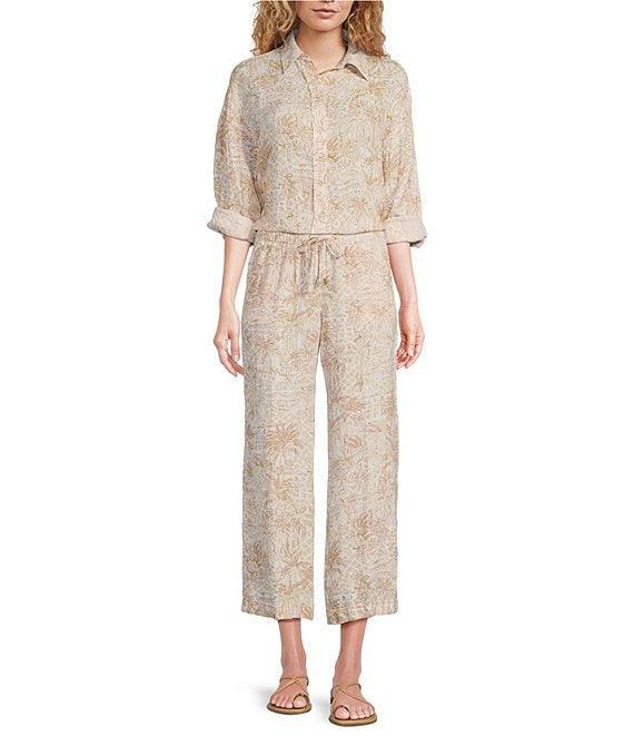 Lilly Pulitzer Stevey Relax Woven Linen Sand Bar Palm Beach Print Point Collar Long Sleeve Button Down Coordinating Shirt Product Image