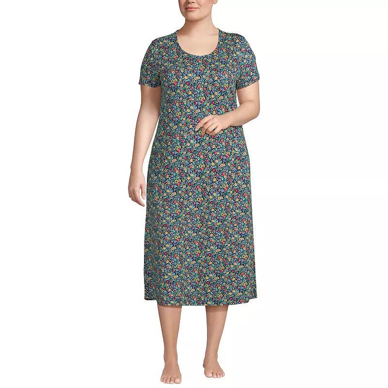 Plus Size Lands End Short Sleeve Midcalf Nightgown, Womens Deep Blue Product Image