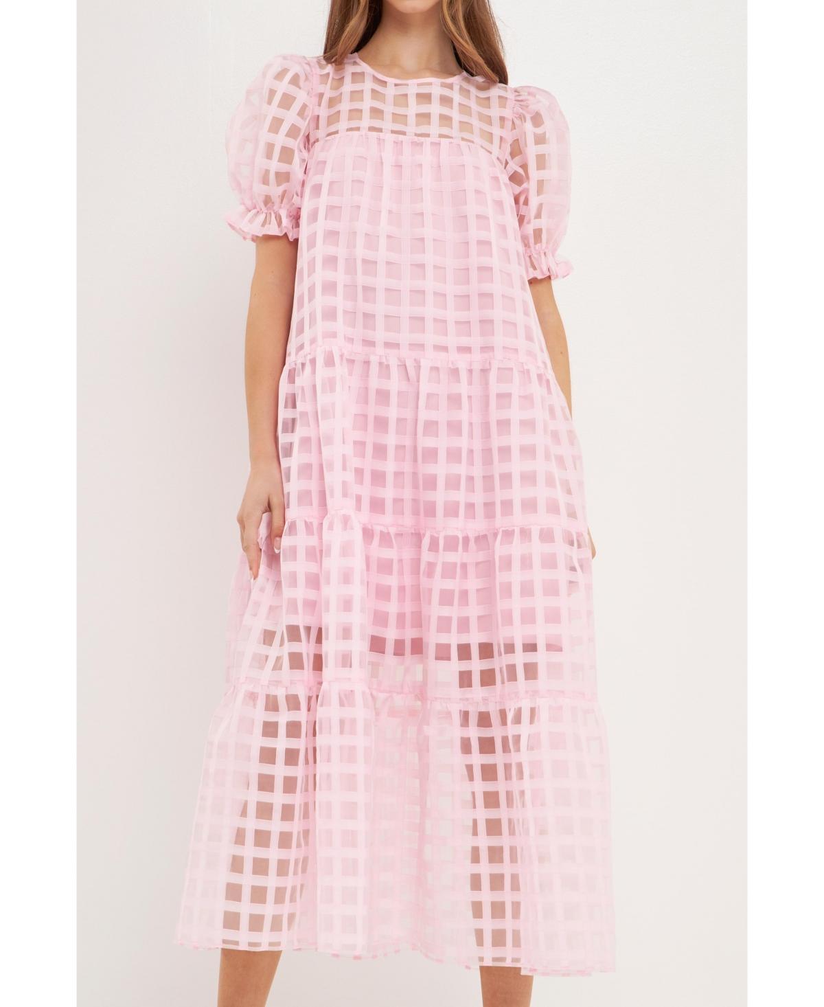 English Factory Organza Gridded Puff Sleeve Maxi Dress Women's Dress Product Image