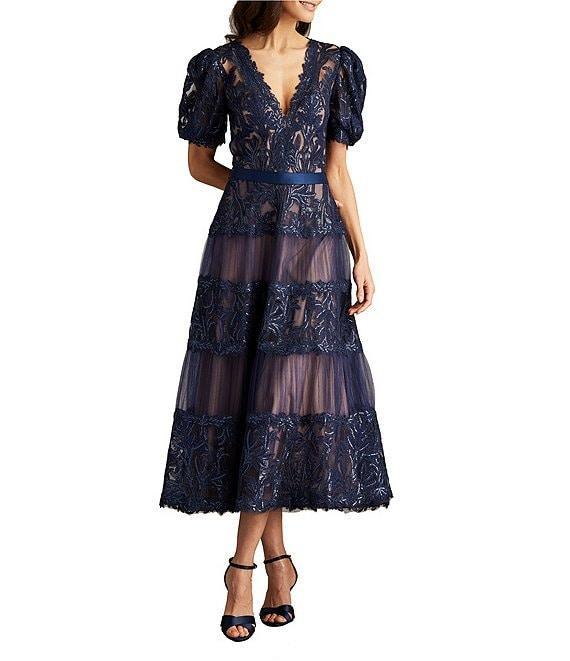 Tadashi Shoji Lace V-Neck Short Puff Sleeve Tiered A-Line Midi Dress Product Image