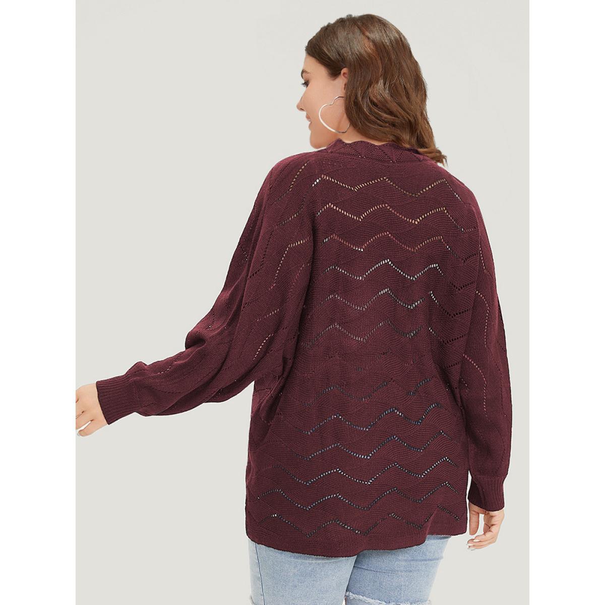 Plus Size Plain Geometric Eyelet Elastic Cuffs Patchwork Pullover Burgundy Women Casual Loose Long Sleeve V-neck Dailywear Pullovers BloomChic 12/L Product Image