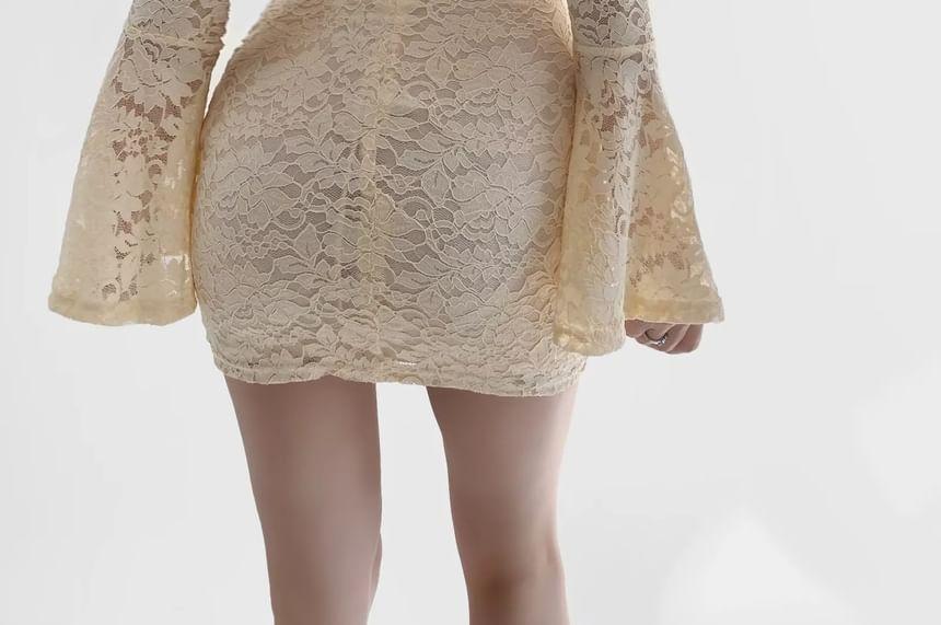 Flare-Sleeve Off Shoulder Lace Mini Bodycon Dress Product Image
