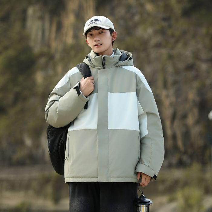 Stand Collar Panel Hood Zip Puffer Jacket Product Image