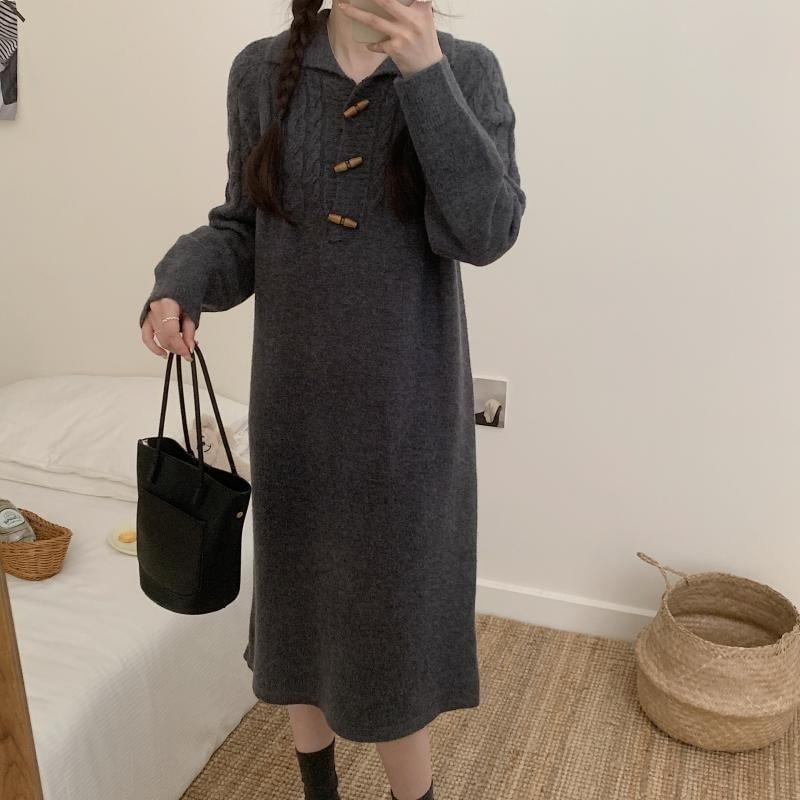 Long-Sleeve Polo-Neck Plain Midi Sweater Dress Product Image