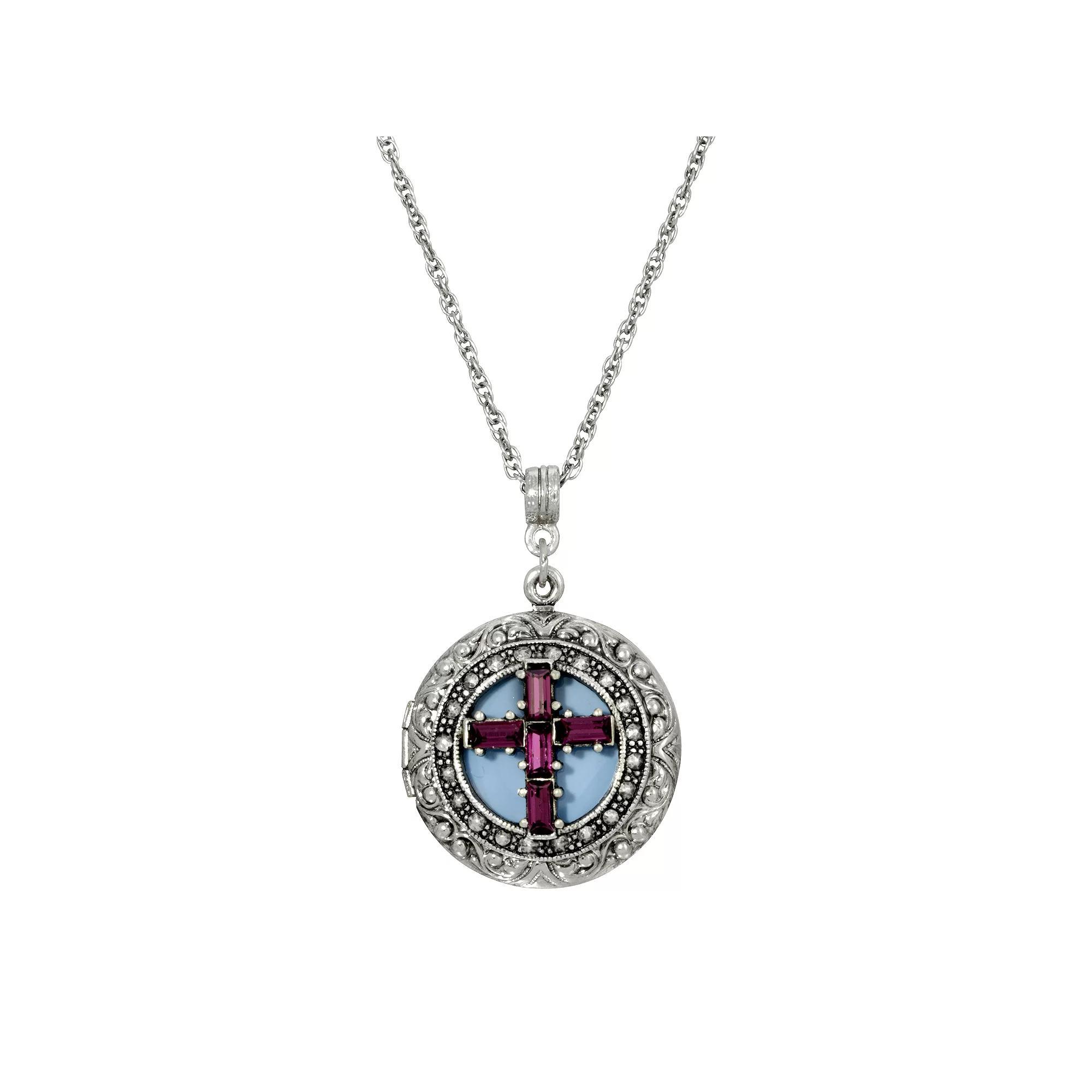 1928 Purple Crystal Cross Locket Necklace, Womens, Blue Product Image