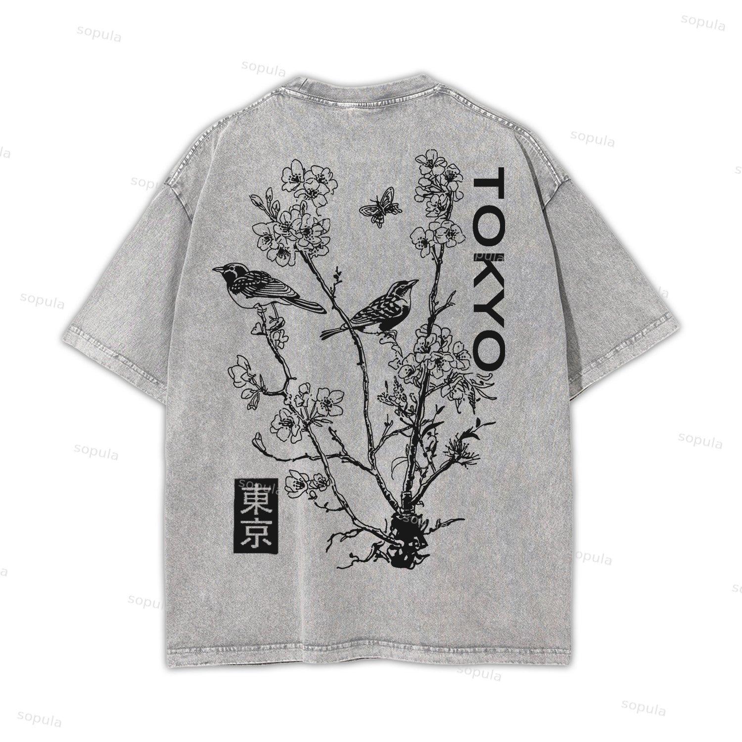 Japan Style Insect Bird Floral Print Acid Washed T-shirt Product Image