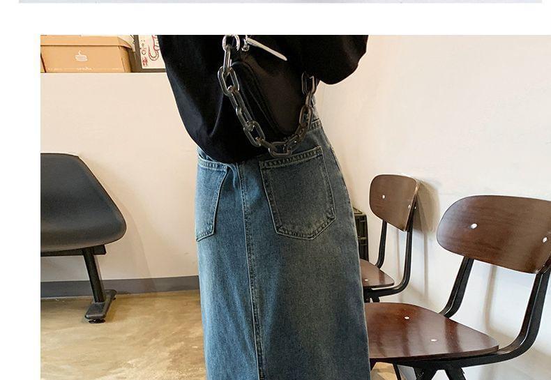 High Waist Denim Midi Straight Skirt Product Image
