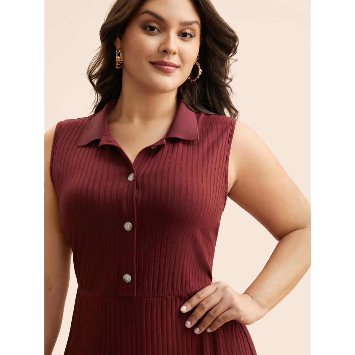 Plus Size Contrast Patchwork Button Up Dress Deepred Women Casual Texture Shirt collar Sleeveless Curvy BloomChic 14-16/1X Product Image