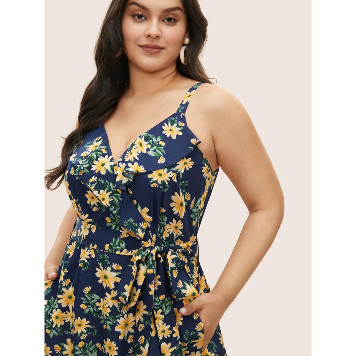 Plus Size Floral Print Ruffle Trim Belted Cami Dress DarkBlue Women Elegant Belted Non Sleeveless Curvy Midi Dress BloomChic 12/L Product Image