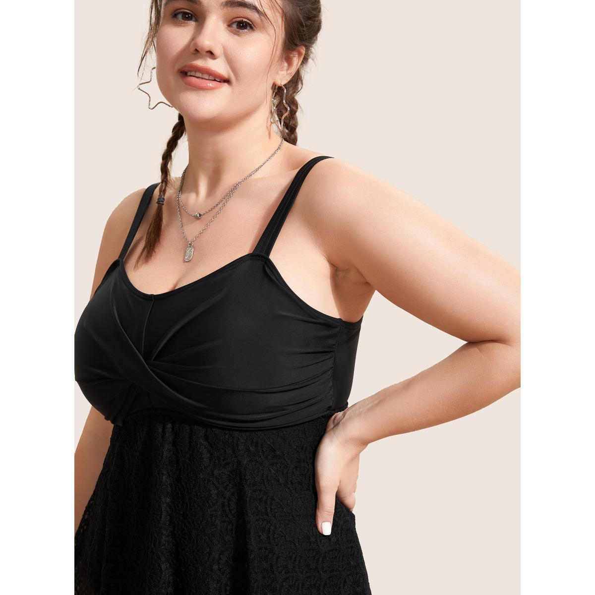 Plus Size Crochet Lace Mesh Twist Swim Dress Women's Swimwear Black Beach Bodycon Heart neckline High stretch Curve Swim Dresses BloomChic 26/4X Product Image
