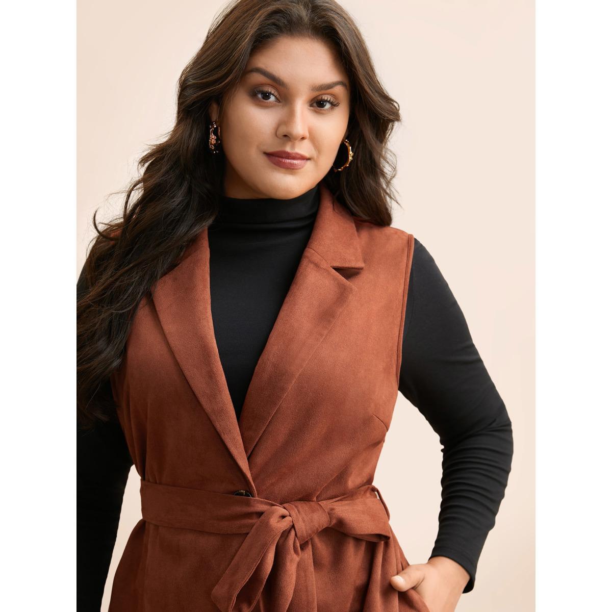 Plus Size Suit Collar Faux Suede Belted Jacket Women Rust Belted Side seam pocket Belt Everyday Jackets BloomChic 14-16/1X Product Image