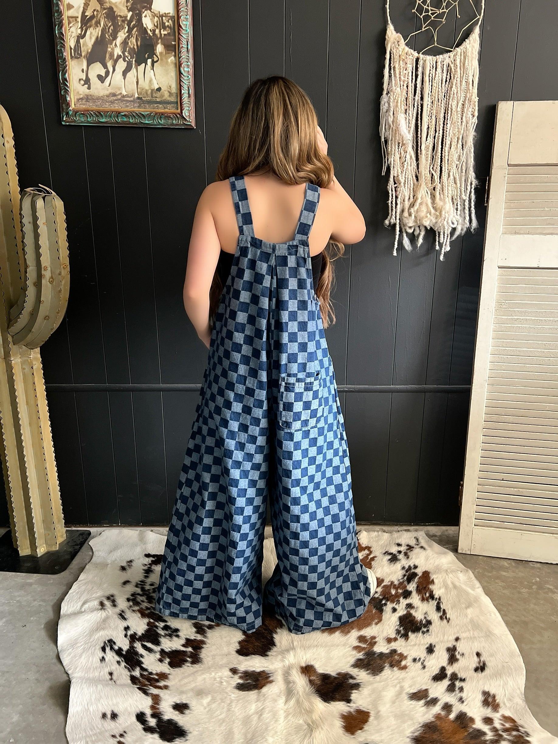 Denim Checkered Wide Leg Overalls Product Image