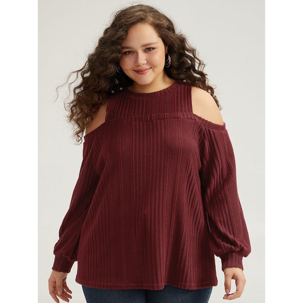 Plus Size Plain Rib Knit Elastic Cuffs Cold Shoulder Sweatshirt Women Scarlet Elegant Elastic cuffs Round Neck Dailywear Sweatshirts BloomChic 22-24/3X Product Image