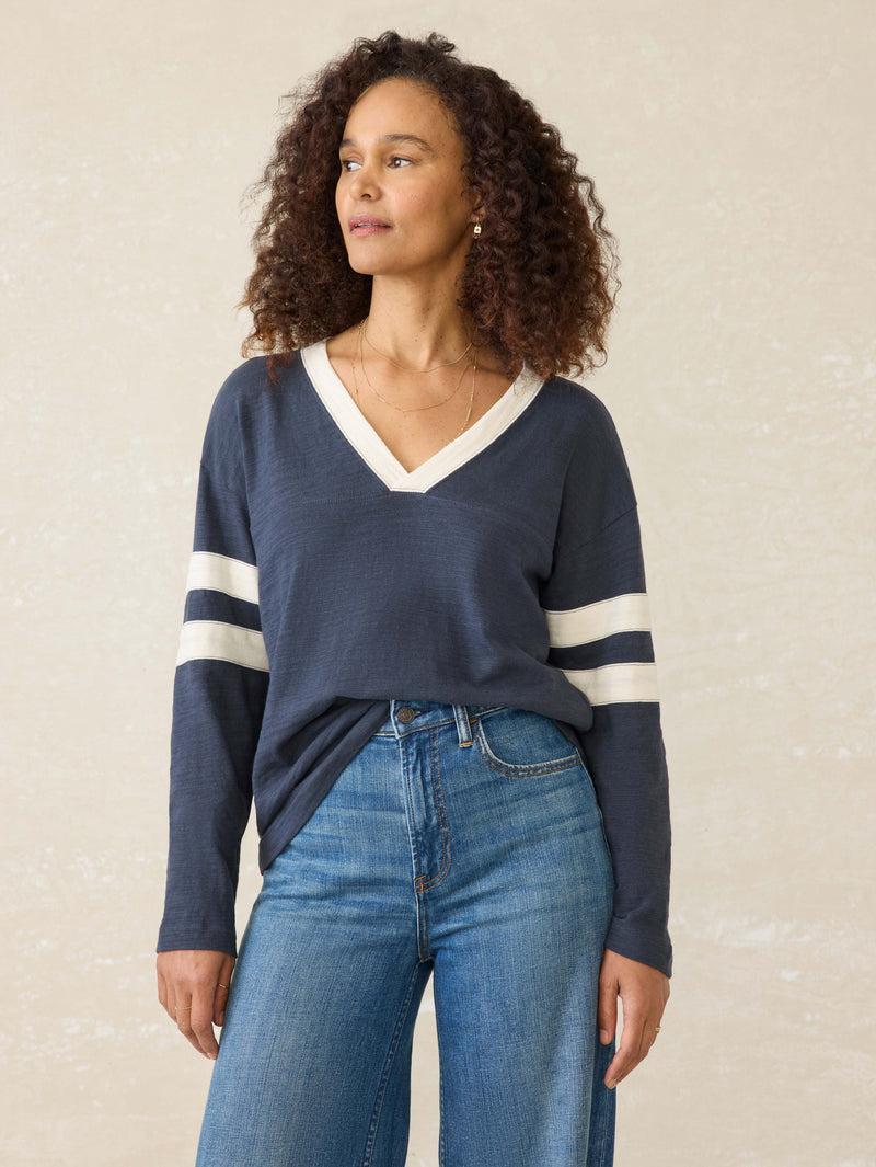 Sunwashed Slub Varsity V-Neck - Blue Nights Product Image