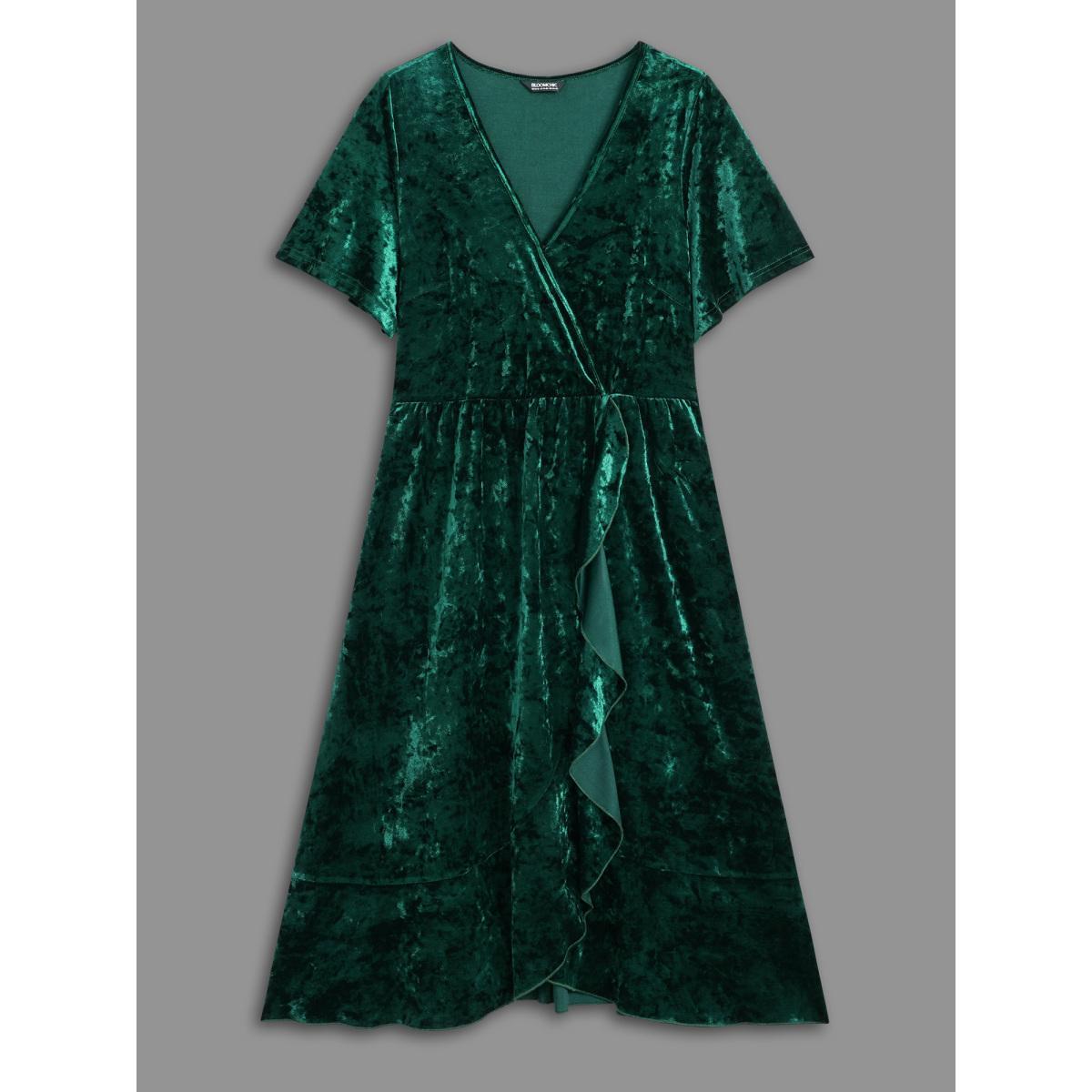 Plus Size Velvet Surplice Neckline Ruffle Sleeves Midi Dress DarkGreen Women Formal Texture Overlap Collar Short sleeve Curvy BloomChic 14-16/1X Product Image
