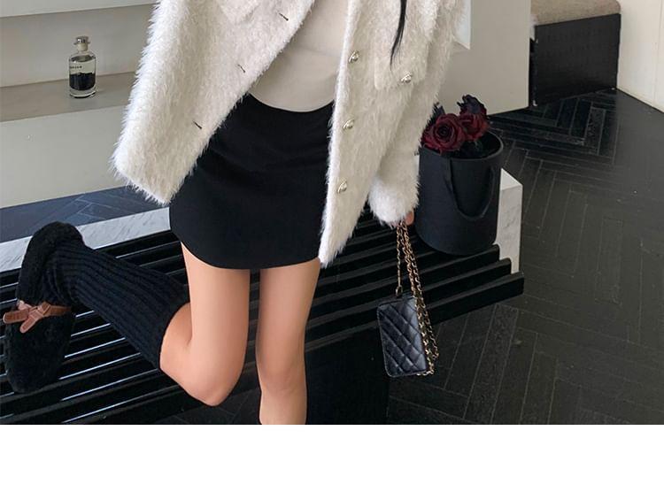 Round Neck Plain Beaded Faux Pearl Button Jacket Product Image