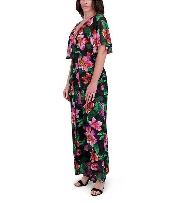 Kensie Floral Chiffon V-Neck Overlay Wide Leg Jumpsuit Product Image
