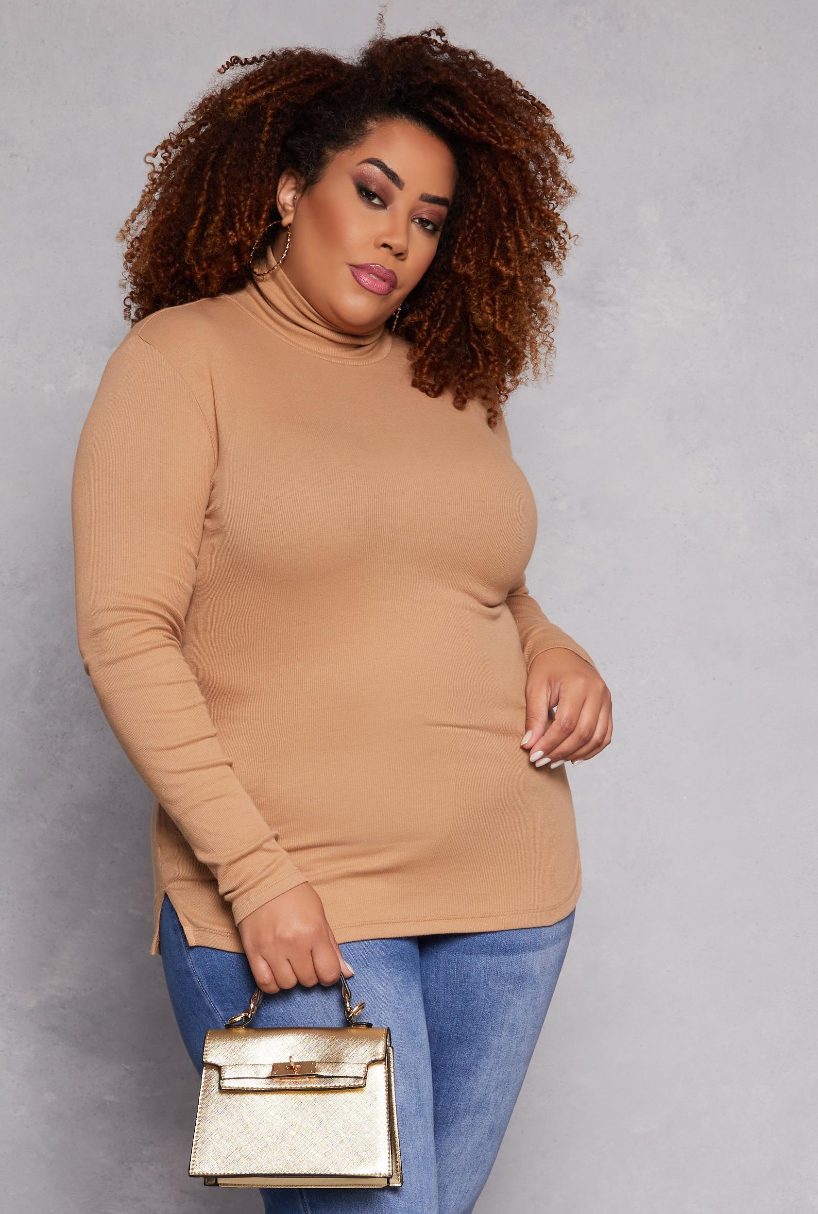 Womens Plus Size Ribbed Knit Long Sleeve Turtleneck Top Product Image