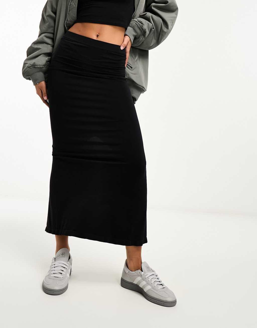 Miss Selfridge seamless low rise midaxi skirt in black Product Image
