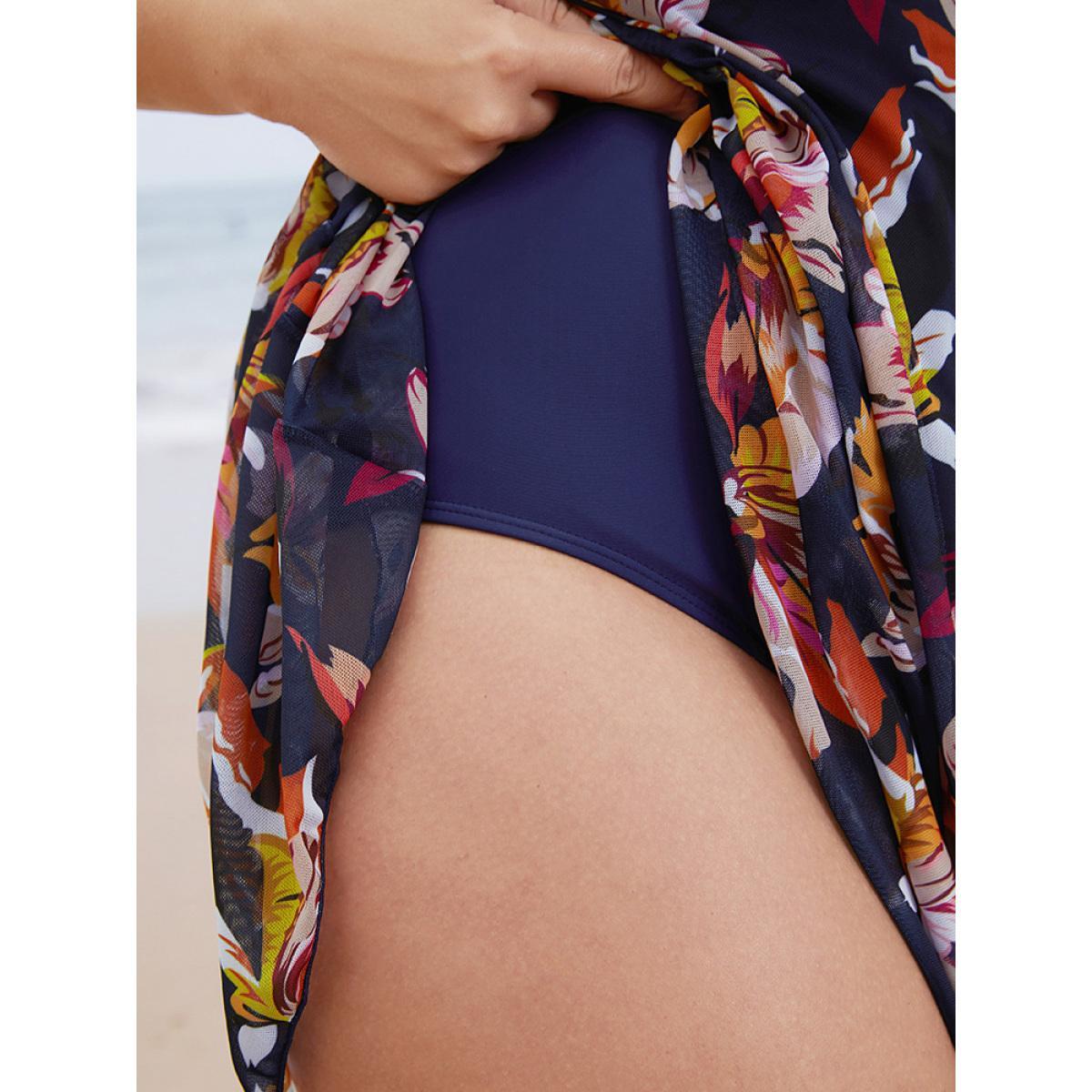 Plus Size Floral Mesh Surplice Neck Ruffles Swim Dress Women's Swimwear Indigo Vacation Bodycon V-neck High stretch Curve Swim Dresses BloomChic 12/L Product Image