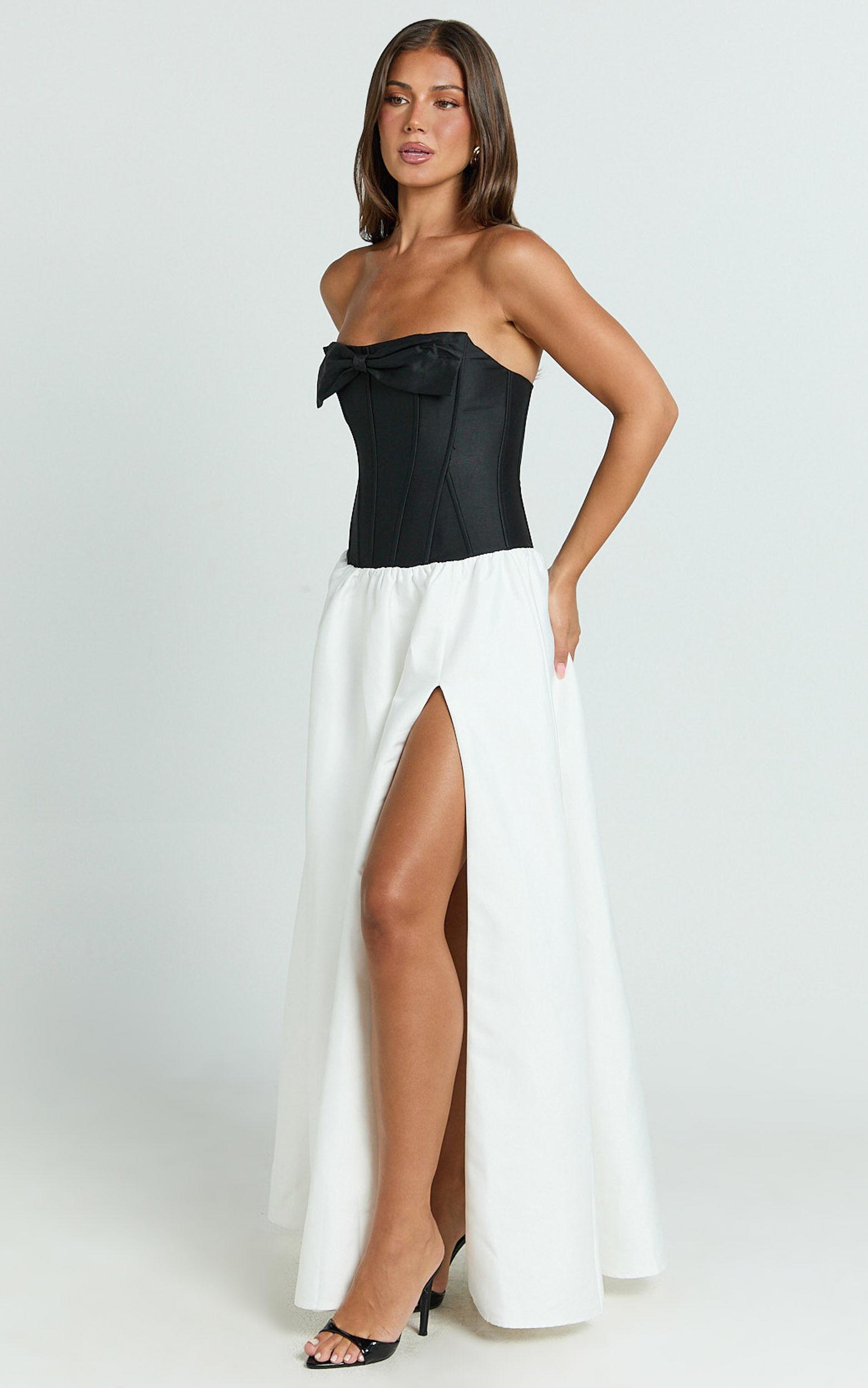 Santana Maxi Dress - Contrast Strapless Fit And Flare Dress in Black/White Product Image