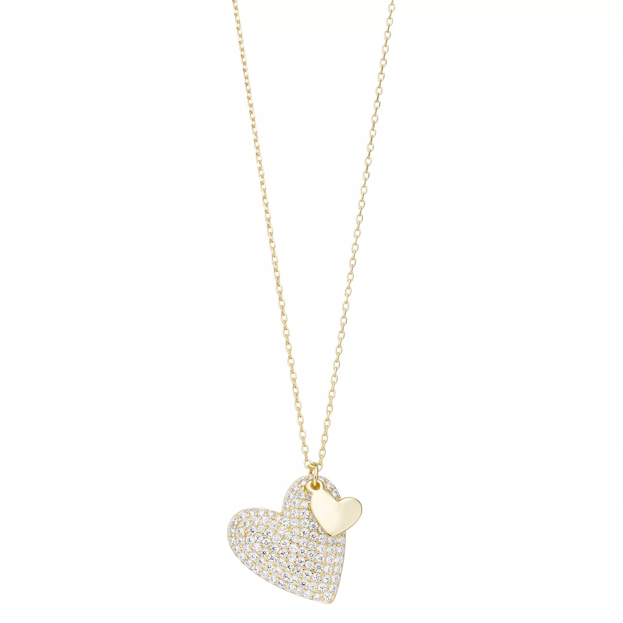 14k Yellow Gold-Plated Cubic Zirconia Double Dangle Heart Pendant Necklace, Womens Gold Tone Product Image