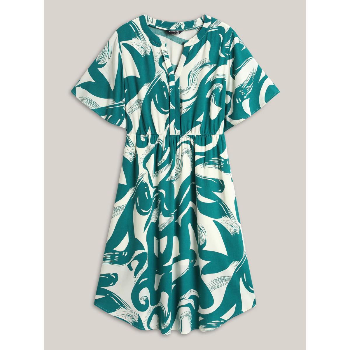 Plus Size Rayon Geometric Print Midi Dress Teal Women Flat collar with V-notch Short sleeve Curvy BloomChic 14-16/1X Product Image