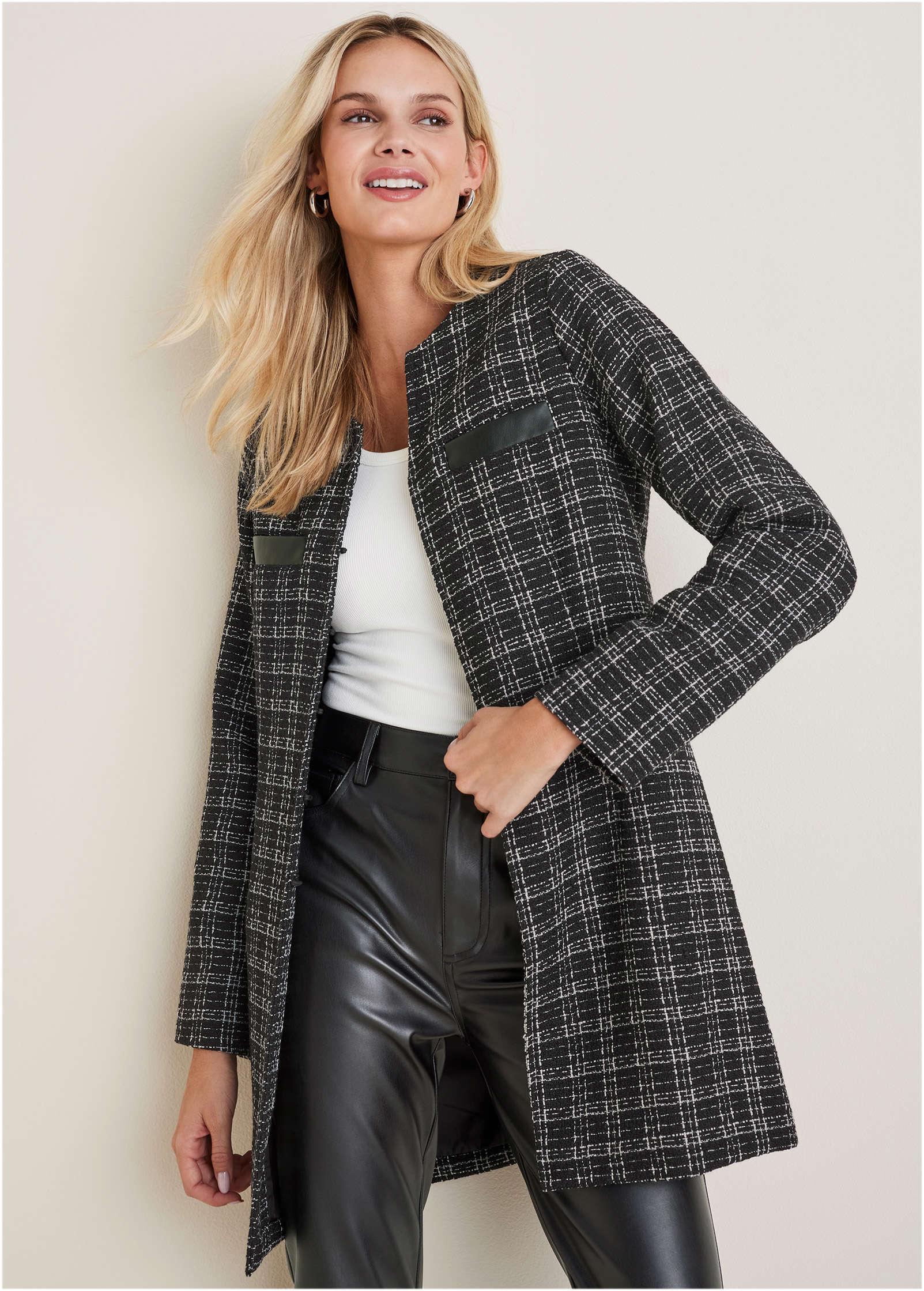 Tweed And Faux-Leather Coat - Black & White Product Image